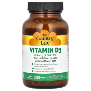 Country Life,Vitamin D3, 5000 МЕ, 200 капсул