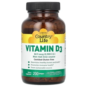 Country Life,Vitamin D3, 2500 МЕ, 200 капсул